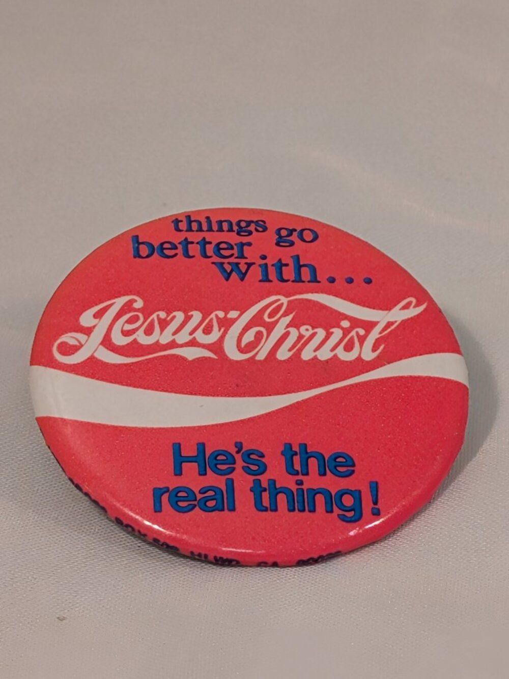 Vintage 1970s Jesus Christ Parody Coke Slogan Pinback Button Christian